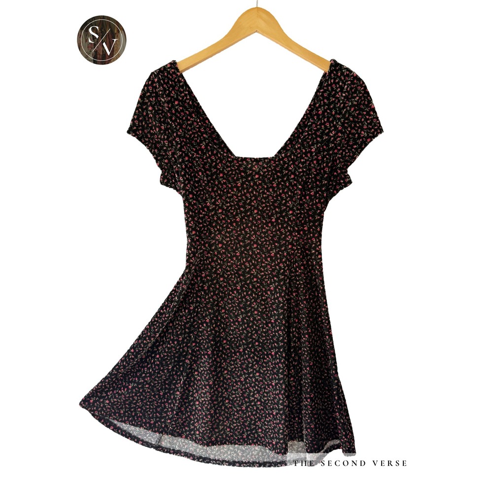 Floral Mini Dress Womens Cottagecore Coquette Back Cutout Knit Corduroy Black